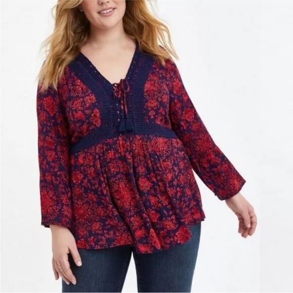 torrid Tops - Torrid Lace-Up Blouse Top Red Blue Babydoll Gauze Crochet Trim Plus Size 3x